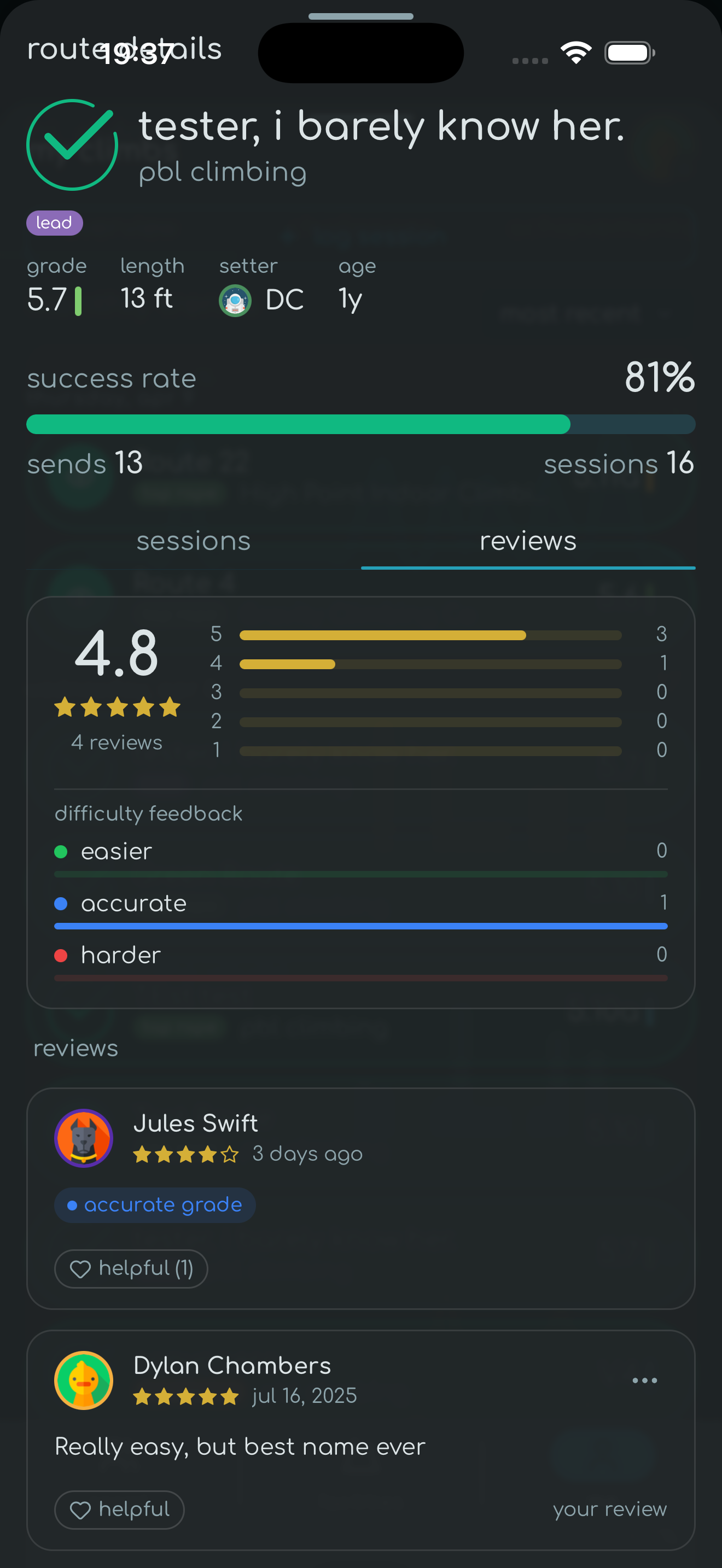 route reviews screenshot